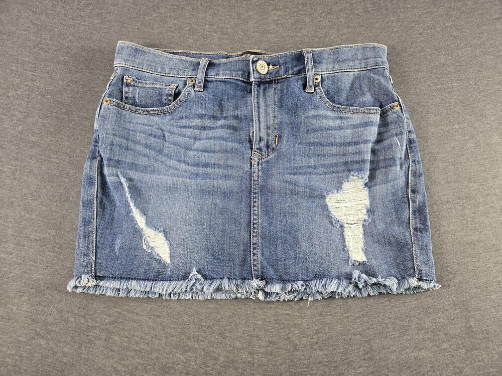 Express Jeans Denim Skirt Womens 6 Blue Distressed Frayed Hem Mini Casual